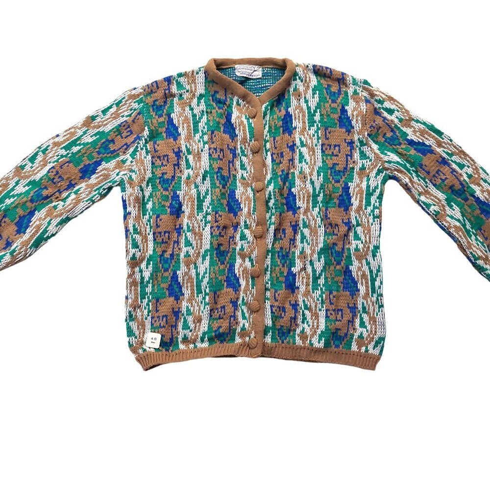 Vintage Abby Gray 1940s-1950s Fair Isels Tan/Brown Multi-Color Cardigan Sweater - Picture 2 of 9